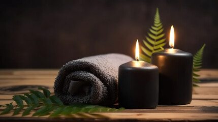 Obraz na płótnie Canvas Gray towel, fern, candles and black hot stone on background of massage room in relaxed light. Based on Generative AI
