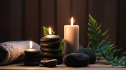Fototapeta na wymiar Gray towel, fern, candles and black hot stone on background of massage room in relaxed light. Based on Generative AI