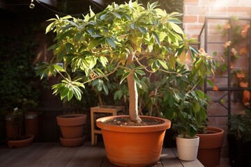 a large potted tree plant outdoors with several small pots