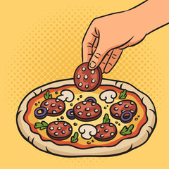 pepperoni pizza cooking pinup pop art retro vector illustration. Comic book style imitation.