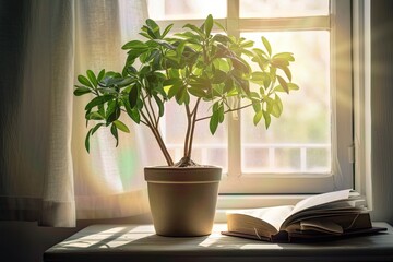 a tree plant in a white ceramic pot by the window and some books
