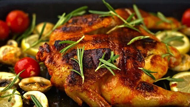 Roast a chicken on a baking tray