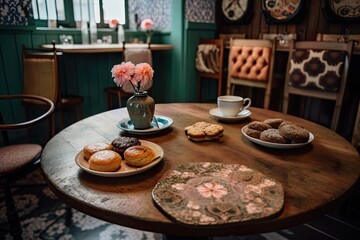 Photo of a rustic wooden table in a cafe with food on it, coffee, bread and so on