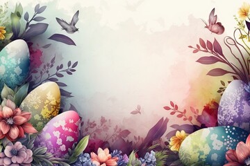 Obraz na płótnie Canvas Easter card with eggs and flowers - Generative AI