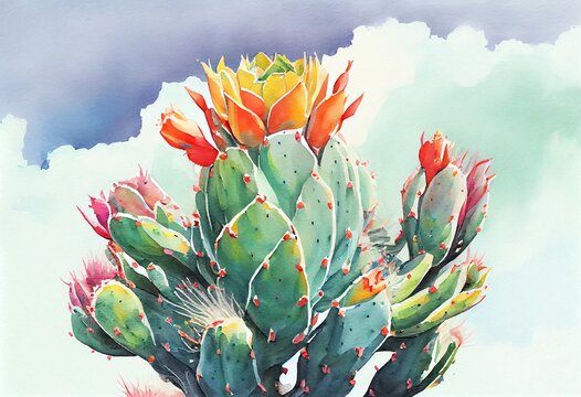 A colorful watercolor painting of a cactus with multiple arms, with a blue sky and white clouds in the background. Generative AI