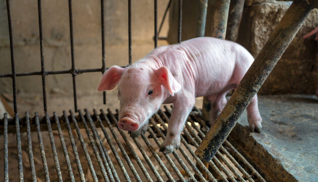 A week-old piglet cute newborn sleeping on the pig farm
