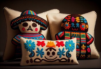 A set of hand-embroidered Mexican throw pillows. Cinco de Mayo. Generative AI