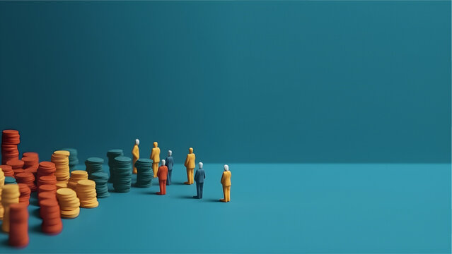 People in discussion next to a stack of coins, Finance, wealth management and Investment abstract figurine digital concept render