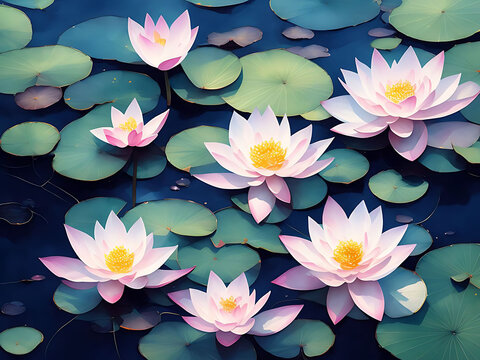 Pink lotus in ponds. Illustration background, Generative AI