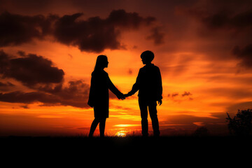 Fototapeta na wymiar Silhouette of a couple holding hands at sunset created with AI