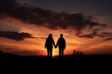 Fototapeta premium Silhouette of a couple holding hands at sunset created with AI