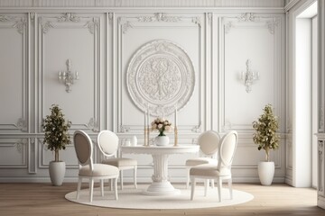 modern white dining set with chairs and table in a minimalist room. Generative AI