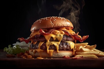 Close up of Delicious Cheeseburger with Beef Patty, Cheese, Tomato and Lettuce. Fast Food Concept