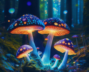 Fototapeta na wymiar Magic mushrooms in the forest. Colorful glowing mushrooms in the mystical forest. Generative AI