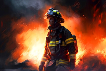 Naklejka premium Fireman on the background of an open flame.Generative AI illustration.