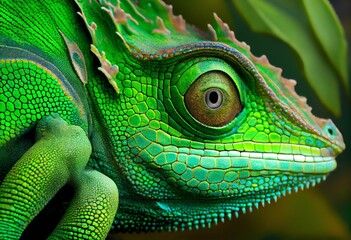 A close-up view of a green chameleon. Generative AI