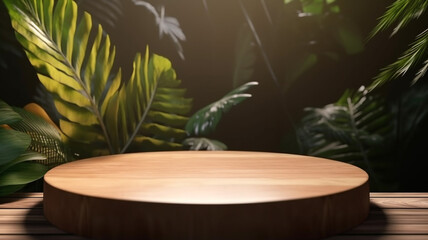 Wooden platform for product presentation created with generative ai tools