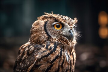 close-up view of an owl with a blurred background. Generative AI