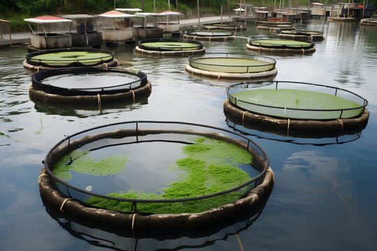 Floating algae and fish farm digital concept render