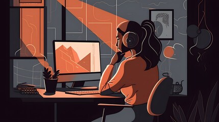 Woman working doing remote work at home, web illustration design, Generative AI