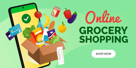 Box full of groceries coming out from the smartphone screen