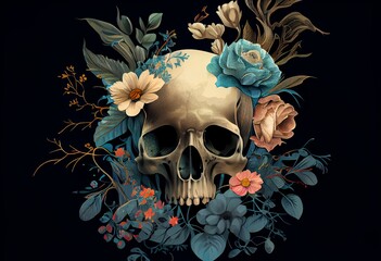 Skull And Flowers, Vintage Illustration. Elegant Tattoo Design. Generative AI
