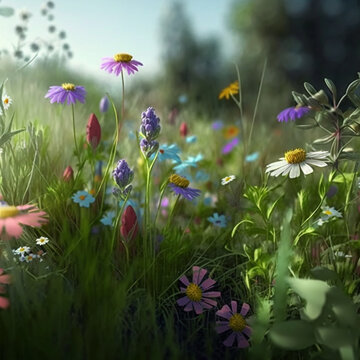 Blumenwiese im Fr&uuml;hling. Generative AI.