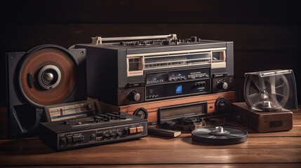 Vinyl records, cassette tapes and cassette recorder on wooden table. Retro music style. 80s music party. Vintage style. Analog equipment. Stereo sound. Back to the past. Generative Ai