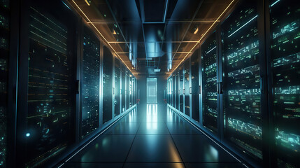 Fototapeta premium Modern server room supporting AI calculations. Big data center. Based on Generative AI