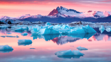 Paysage du grand nord Arctique ou Antarctique avec iceberg et montagne en arrière plan au moment du couché de soleil © Studio Zenith