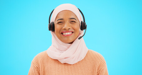 Call center, woman face and isolated on blue background for agent, consultant or muslim...