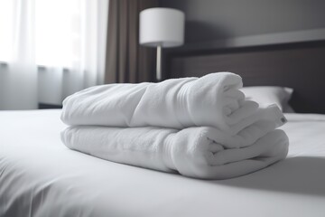 Fototapeta na wymiar Roll of clean bath towel on white table, copy space | folded terry towels lie on clean white bed. Cleaning in guest room of hotel, cleanliness, laundry, Generative AI