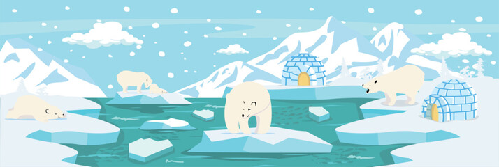Naklejka premium North pole Arctic landscape with polar bears