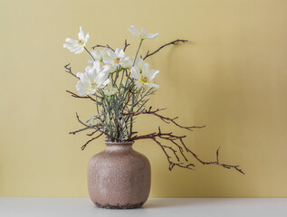 Flower arrangement in a ceramic vase on a yellow background. Copy space