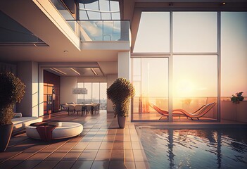 Stunning luxury penthouse terrace with a swimming pool. Generative AI