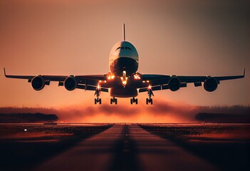 Fototapeta na wymiar A large plane landing on runway. Generative AI