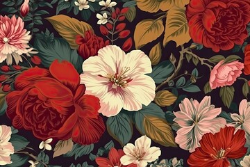 red and white flowers on a black background. Generative AI