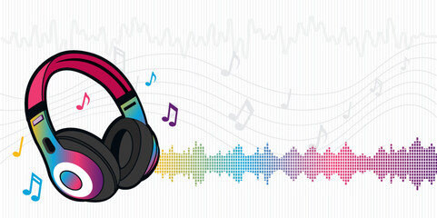 Headset illustration with colorful music notes in white background