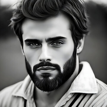 Handsome man with a beard, black and white image, created with generative AI.