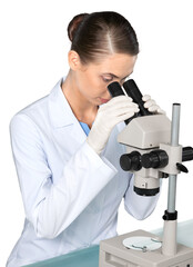Female Scientist , Researcher , Doctor Using Microscope