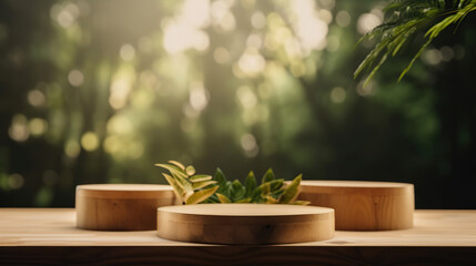 Wooden product display podium with blurred nature leaves background. Generative Ai