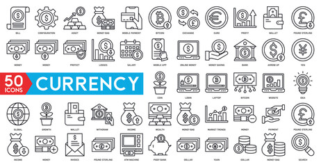 Fototapeta na wymiar Currency icon set - certificate vector, exchange, gold ingot, japanese candle, credit card, wallet, cash, money bag, piggy bank, dollar growth, coin stack, check, building, medal, shield, monitor