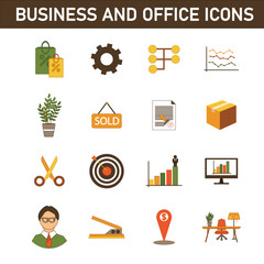 Collection of multi-colored flat icons on the topic: business and office. Isolated on white background.
