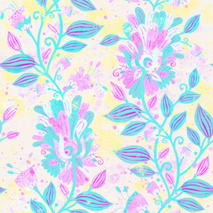 Fototapeta na wymiar Seamless background. Floral ornament. Raster illustration. Seamless pattern. Printing on fabric and paper. Packaging, wrapping, textile design. Watercolor style.