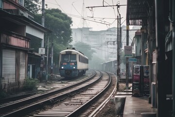 Naklejka na ściany i meble Train Traveling Down Tracks Near Buildings - Misty and Atmospheric Shot