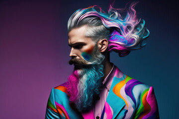 Young man funny portrait with hipster hairstyle and beard. Generative AI.