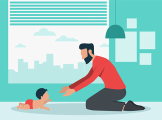 Father taking care of baby vector illustration. Little boy crawling to dad on floor, man kneeling and reaching to hug child. Fathers day, family, love, parenthood concept