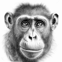 Chimpanzee monkey face in black and white drawing on white background, T-shirt design. Generative AI - obrazy, fototapety, plakaty