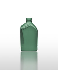 Plastic canister for gasoline or lubricant isolated on a white background with reflection, clipping path included.