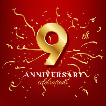 9 golden numbers and anniversary celebrating text with golden confetti spread on a red background